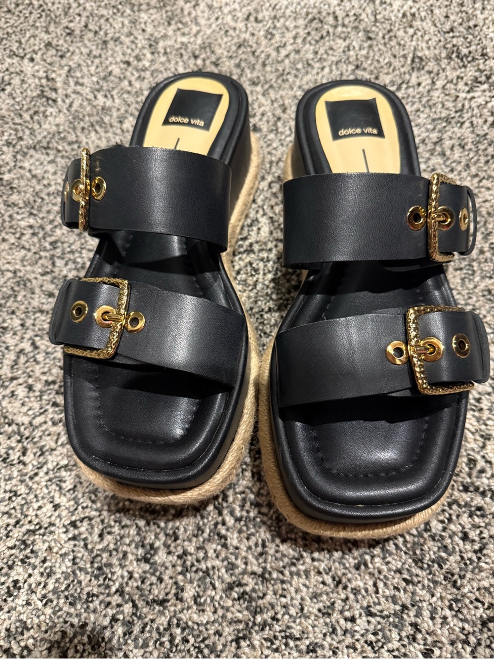 Dolce Vita Black Leather Double-Strap Platform Sandals with Gold Buckles